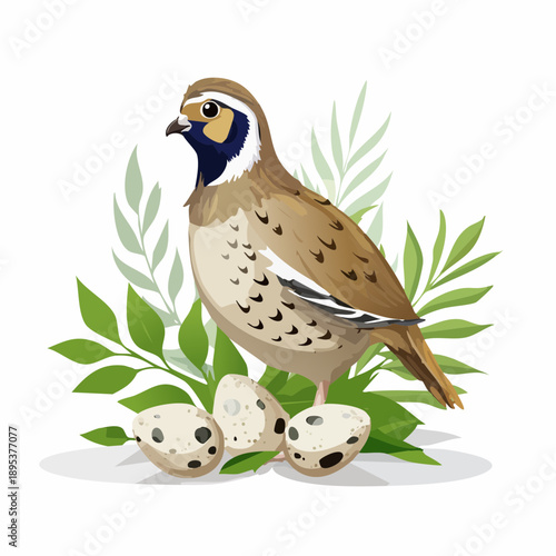 Realistic vector illustration of a Quail bird and speckled quail eggs, farmhouse style