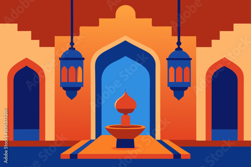 Moroccan Riad Courtyard With Mosaic Tiles And Lanterns