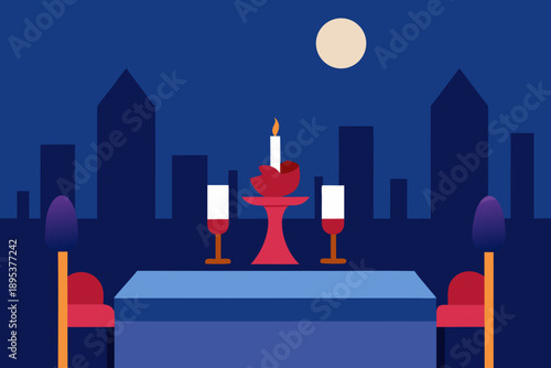 Romantic Terrace Dinner With Candles Roses And Lights