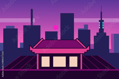 Rooftop In Tokyo With Neon Billboards And Skyline