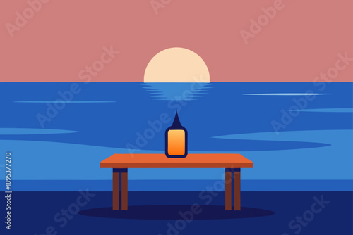 Serene Beach At Sunset With Wooden Table And Candles