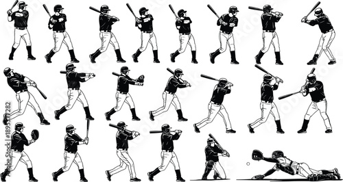  Baseball player batting silhouette action set, swing techniques and hitting poses, professional match movements, dynamic team sport, black vector illustration collection