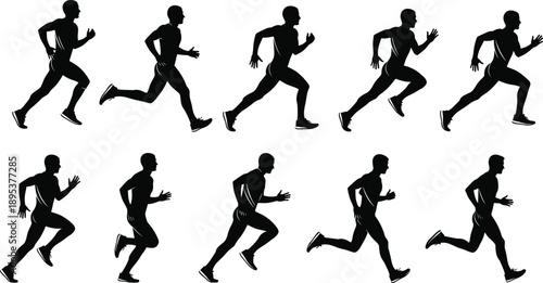 Running athlete silhouette motion sequence, sprinting and jogging phases, endurance speed training poses, dynamic fitness workout concept, professional sports vector illustration