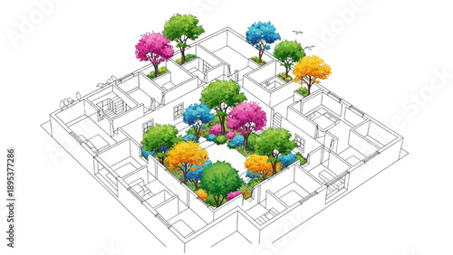 Eco House Floor Plan with Courtyard Trees and Birds, Minimal Architectural Line Art
