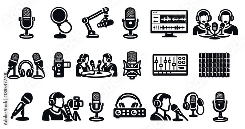 Microphones for Podcasts in outline style: podcast microphone, pop filter, boom arm, USB microphone, audio editing software, podcast recording, mic setup. Vector icons