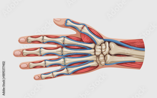 An anatomical illustration of the human hand showing bones, muscles, and blood vessels