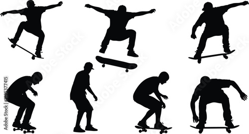 Skateboarder silhouette trick set, street skateboarding jump poses, ollie flip and landing actions, dynamic urban extreme sport vector illustration collection design