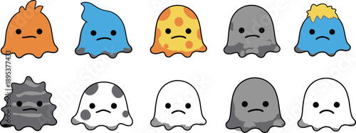 A collection of 10 cute cartoon ghosts in various colors and designs on a white background for illustration