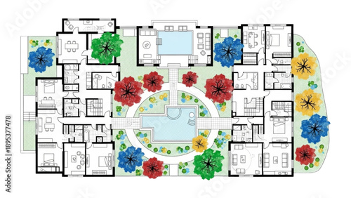 Resort Floor Plan with Integrated Rooms and Trees, Minimal Black Line Art