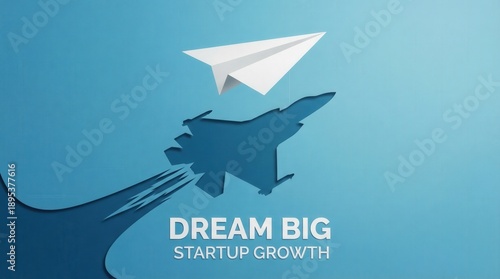 Soaring Ambition: A symbolic representation of limitless aspiration and ambitious dreams with a paper airplane and fighter jet streaking against a clear, azure sky background.