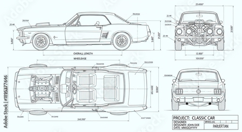 Classic Car Blueprint Technical Drawing.
