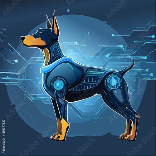  Robotic Doberman dog, futuristic security mascot, glowing neon blue circuitry lines