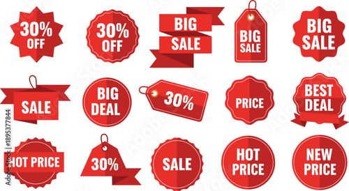 Red Sale Badges and Discount Labels Set with 30 Percent Off, Big Sale, Best Deal and Hot Price Tags