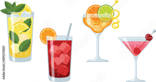 Refreshing Summer Cocktail Set with Citrus, Mint, Iced Drink and Martini Glass Isolated on White Background