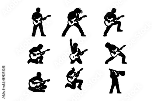 Dynamic silhouettes of rock musicians playing electric guitars in various performance poses