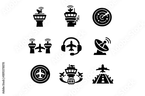 Airport and air traffic control elements including radar towers and aircraft