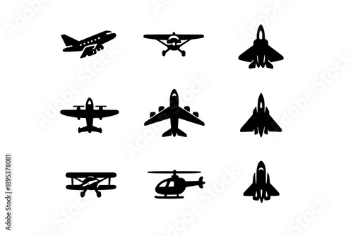 Black silhouette icons of various flying machines and aircraft, including planes, jets, and helicopters