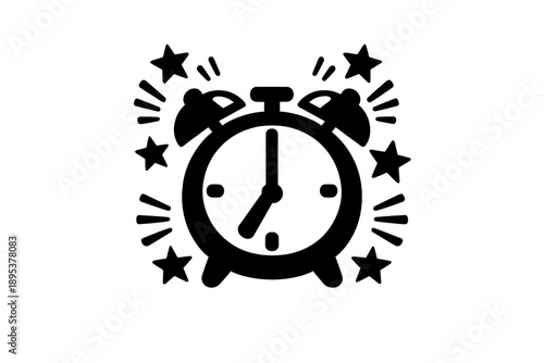 Black and white ringing alarm clock surrounded by sparkling stars and radiating lines