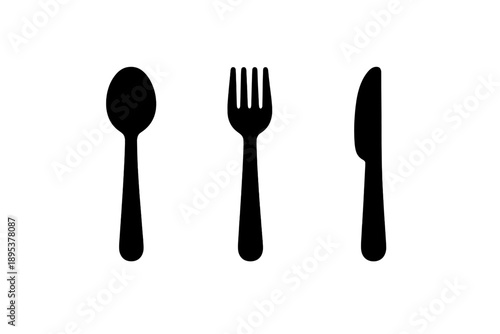 Minimalist black silhouette of a spoon, fork, and knife arranged vertically on white