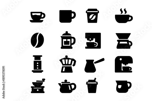 Comprehensive set of coffee icons including cups, beans, espresso machines, and brewing tools