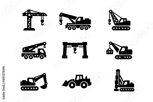 Heavy construction machinery icons set featuring cranes, excavator, loader, and pile driver silhouettes