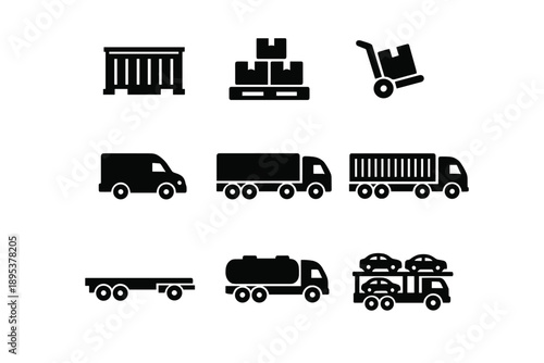 Black silhouette icons set for logistics, shipping, delivery, and freight transportation