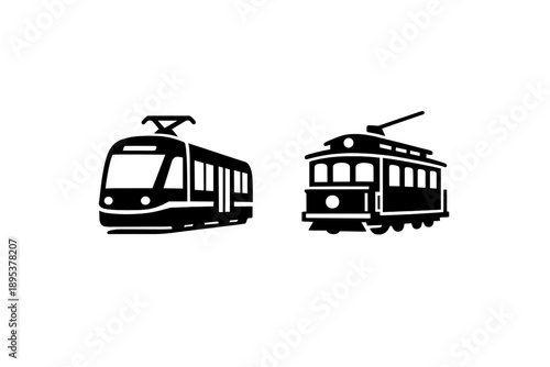Black silhouettes of contemporary urban tram and classic vintage streetcar vehicles