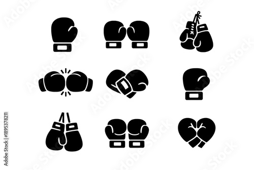 Set of nine black silhouette boxing gloves used for fighting and training