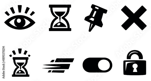Tooltip states and behavior in bold style: appear fade in, delay timer, persistent pin, dismiss cross, auto hide icon, transition motion lines, state toggle. Vector icons