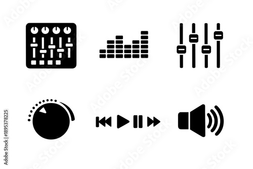 Set of audio mixer controls, sound equalizer bars, volume knob, and media player buttons