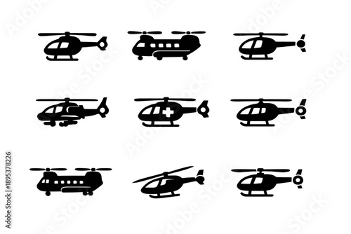 Various helicopter silhouettes including transport, military, and emergency rescue aircraft