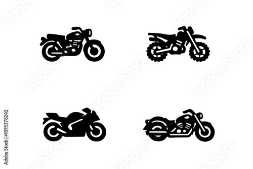 Set of four stylized black motorcycle icons including cruiser, sport bike, dirt bike, and roadster