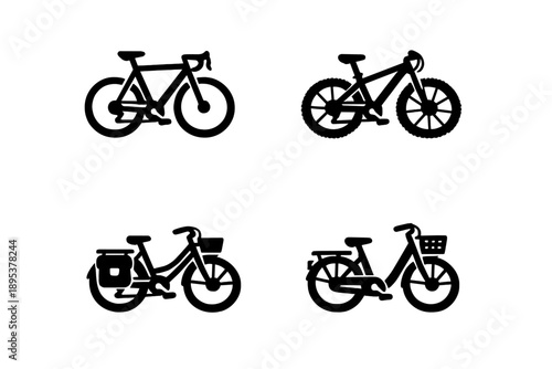 Road, mountain, and city commuter bicycles used as transportation symbols
