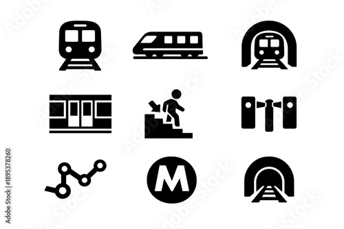 Subway and Metro Transportation Icons for Public Transit Navigation and Signage