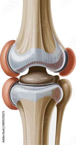 An detailed anatomical illustration showing the healthy anterior view of a human knee joint