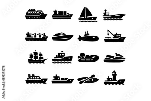 Collection of marine transportation icons including ships, boats, and watercraft