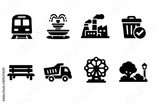 Collection of urban infrastructure and public service symbols including transportation, recreation, and waste management