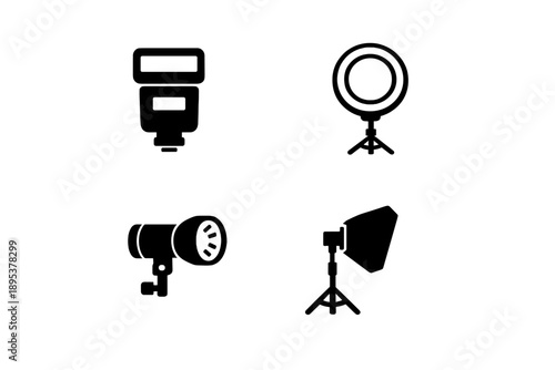 Photography studio lighting symbols set with flash, ring light, speedlight, and softbox