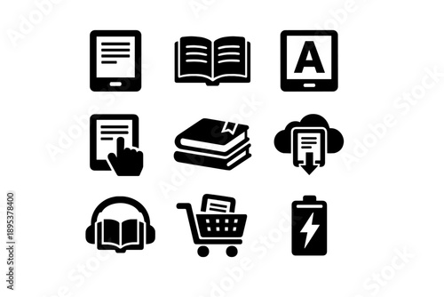 Digital reading e-book icons set with audiobook, cloud, shopping, and battery symbols