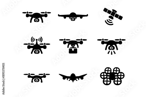 Drone technology symbols for aerial surveillance, delivery, and communication