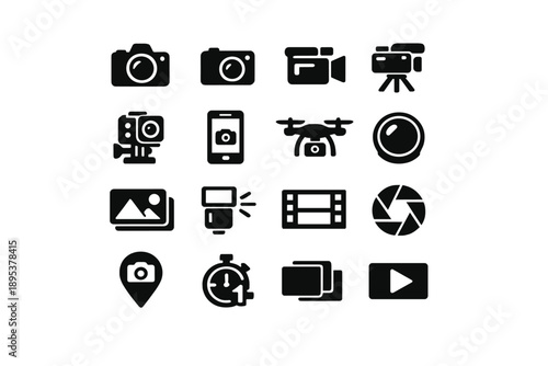 Photography and videography equipment icons set with cameras, lenses, drones, and media symbols