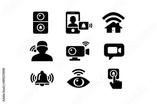 Smart home security system icons set including video doorbell, surveillance camera, and wireless notification symbols