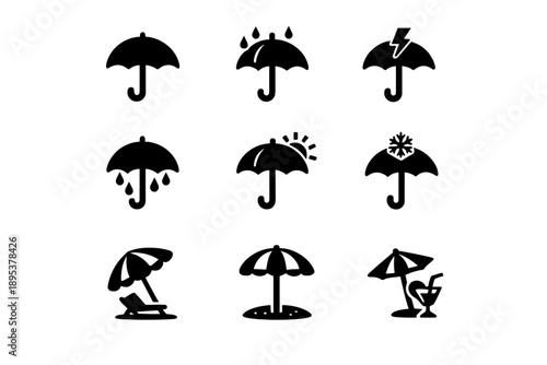 Set of black silhouette umbrella icons for weather conditions and beach symbols