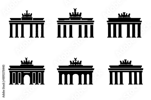 Collection of six different black silhouettes of the historic Brandenburg Gate in Berlin, Germany