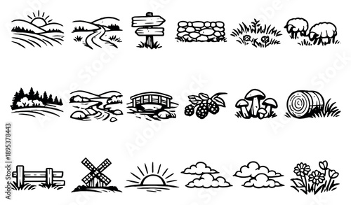 Cottage Countryside Surroundings in outline style: rolling hills, dirt path, wooden signpost, stone wall, meadow grass, grazing sheep, tree line, forest edge. Vector icons