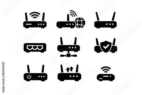 Collection of wireless networking router devices and internet connection symbols set