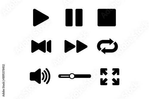 Basic black user interface icons for digital audio and video playback controls