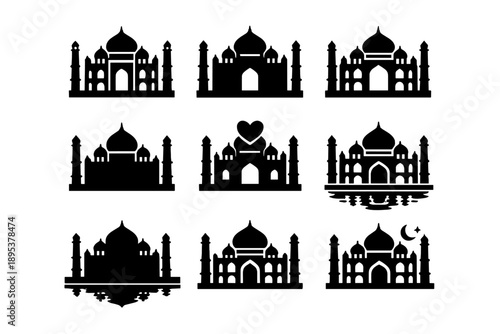 Nine stylized black silhouette icons representing the famous Taj Mahal mausoleum in India