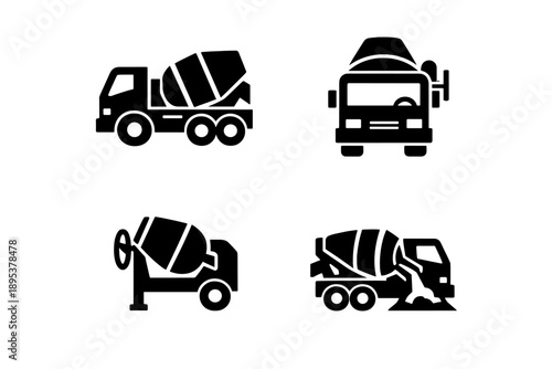 Solid black cement mixer trucks and stationary concrete mixers set