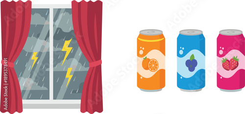 Stormy Weather Outside Window with Lightning and Heavy Rain Alongside Colorful Fruit Soda Cans Vector Illustration
